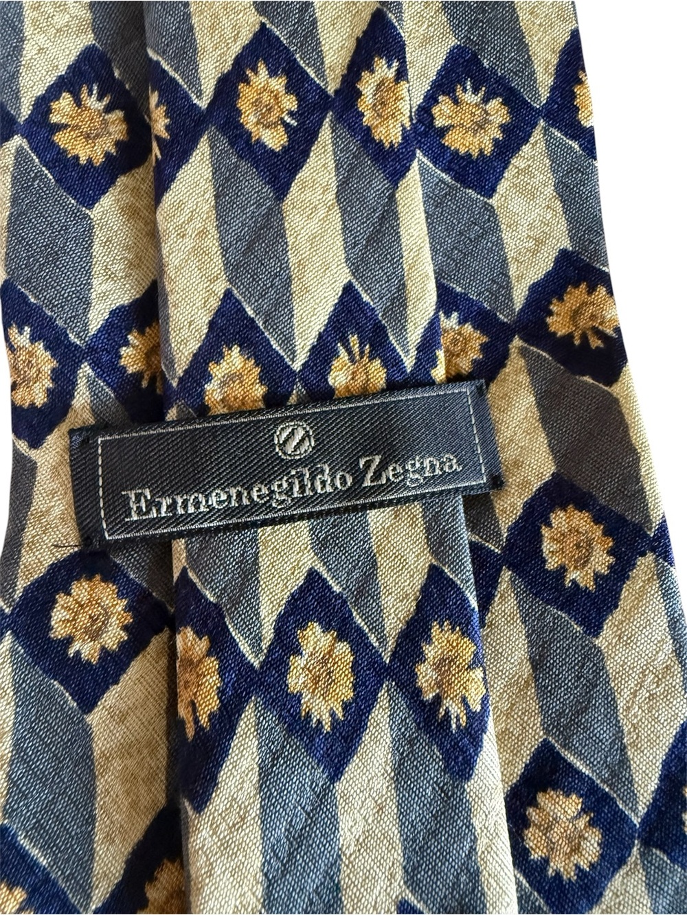 Vintage Ermenegildo Zegna Navy Blue, Gold & Gray Geometric Silk Tie